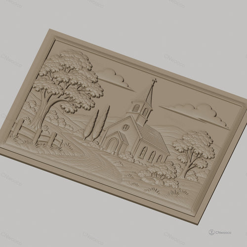 Fichier CNC & impression 3D paysage religieux avec église et arbres, haute qualité relief STL