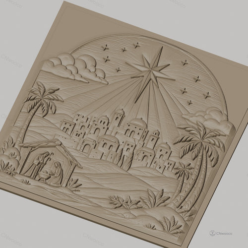 Fichier CNC & impression 3D scène de la nativité, étoile et village biblique, haute qualité relief STL