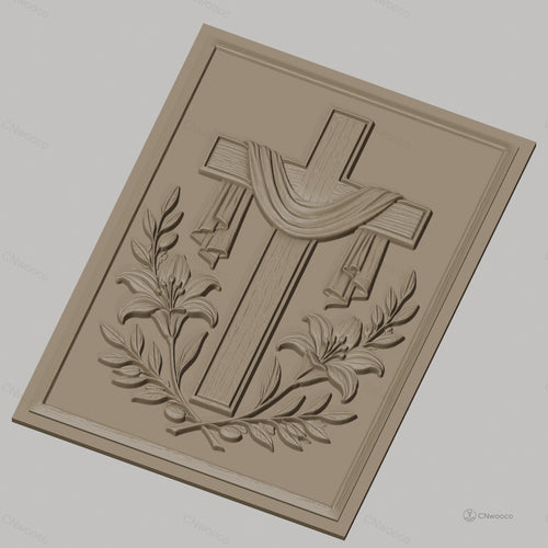 Fichier CNC & impression 3D Croix religieuse avec fleurs et drapé, haute qualité relief STL