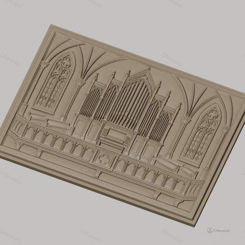 Fichier CNC & impression 3D orgue d'église gothique, vitraux et banquettes sculptés, haute qualité relief STL