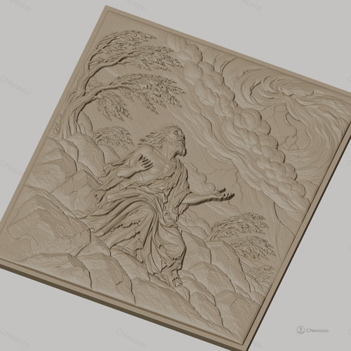 Fichier CNC & impression 3D scène biblique prière sur rochers avec nuages et arbres, haute qualité relief STL