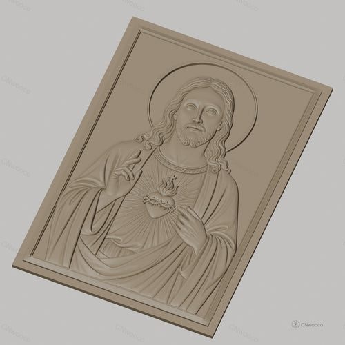 Fichier CNC & impression 3D Sacré-Cœur de Jésus, portrait religieux avec auréole et mains bénissantes, haute qualité relief STL