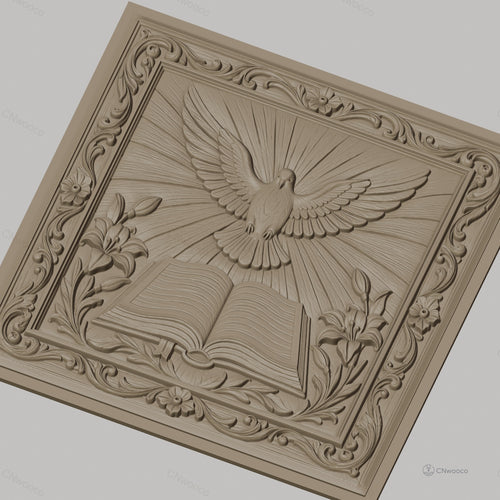 Fichier CNC & impression 3D colombe sacrée, livre ouvert fleurs et cadre ornemental, haute qualité relief STL