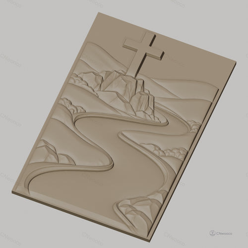 Fichier CNC & impression 3D chemin de rivière et croix sur rocher, paysage montagneux, haute qualité relief STL