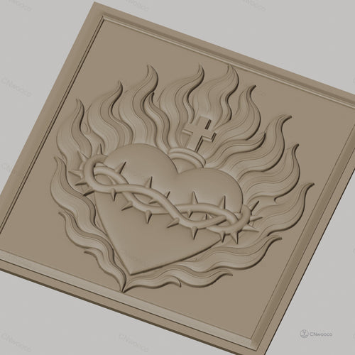 Fichier CNC & impression 3D Sacré Cœur, cœur enflammé avec couronne d'épines et croix, haute qualité relief STL
