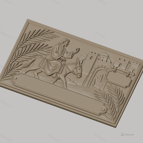 Fichier CNC & impression 3D Jésus entrant à Jérusalem, relief avec âne, palmiers et ville ancienne, haute qualité relief STL