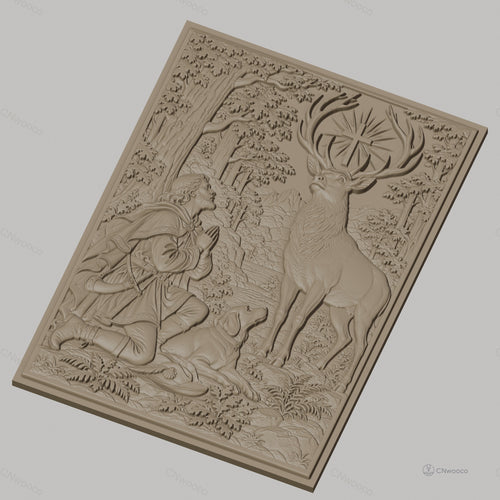 Fichier CNC & impression 3D Saint Hubert, cerf avec croix lumineuse et chasseur en prière, haute qualité relief STL