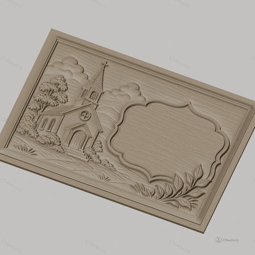 Fichier CNC & impression 3D église rurale, arbres et cadre décoratif, haute qualité relief STL