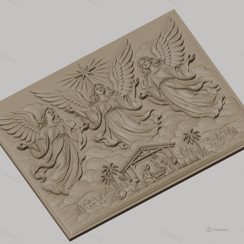 Fichier CNC & impression 3D scène de la Nativité avec anges, crèche, animaux et étoile, haute qualité relief STL