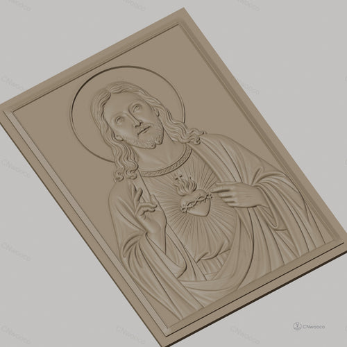 Fichier CNC & impression 3D Sacré-Cœur de Jésus, portrait religieux avec auréole et mains bénissantes, haute qualité relief STL