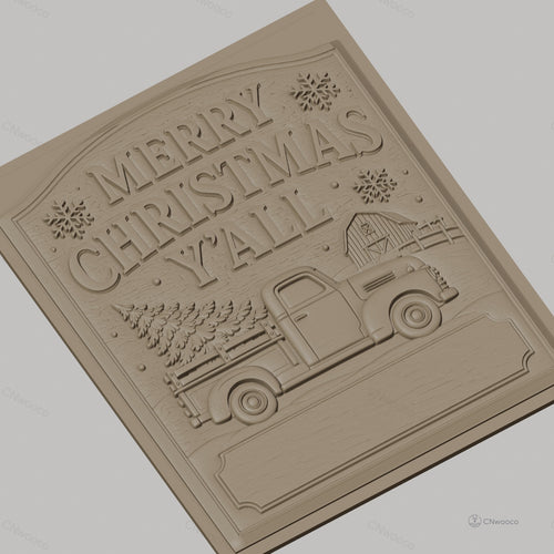 Fichier CNC & impression 3D thème Noël, camion de ferme avec sapin et grange, haute qualité relief STL