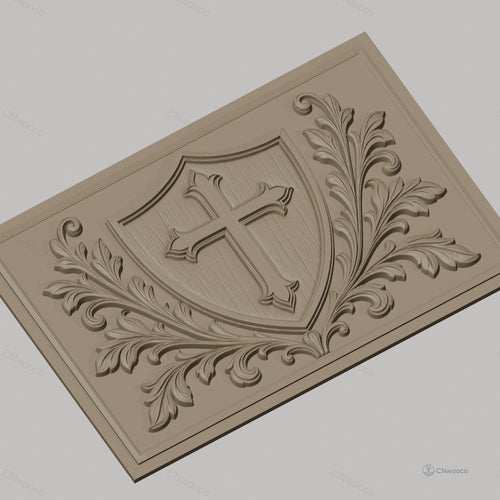 Fichier CNC & impression 3D écusson avec croix et ornements floraux, haute qualité relief STL