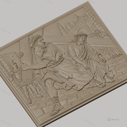 Fichier CNC & impression 3D scène religieuse, Jésus portant la croix avec Simon de Cyrène, haute qualité relief STL
