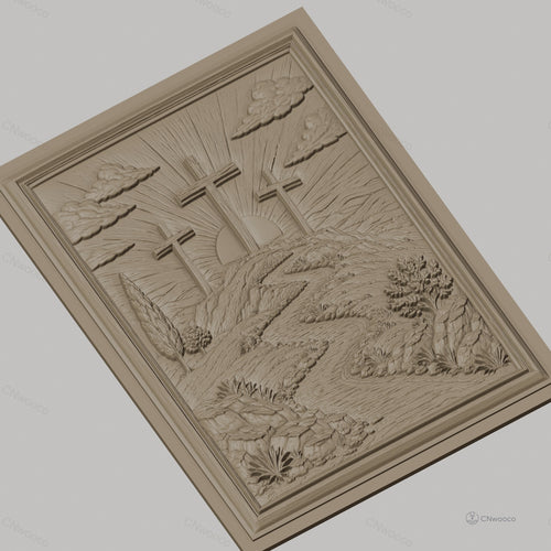 Fichier CNC & impression 3D scène chrétienne, croix sur colline avec rivière et arbres, haute qualité relief STL