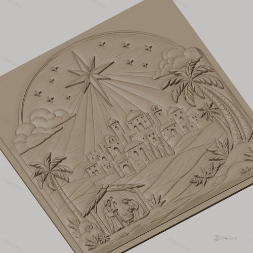 Fichier CNC & impression 3D scène de la nativité, étoile et village biblique, haute qualité relief STL