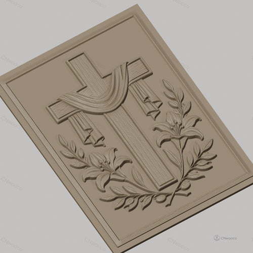 Fichier CNC & impression 3D Croix religieuse avec fleurs et drapé, haute qualité relief STL