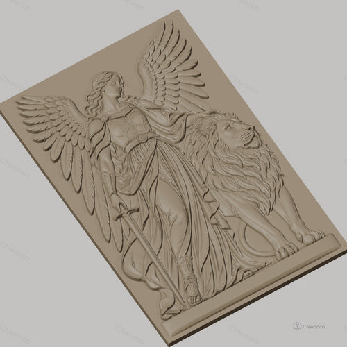 Fichier CNC & impression 3D ange guerrier avec épée et lion, haute qualité relief STL