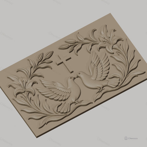 Fichier CNC & impression 3D motif religieux, colombes, croix et fleurs, haute qualité relief STL