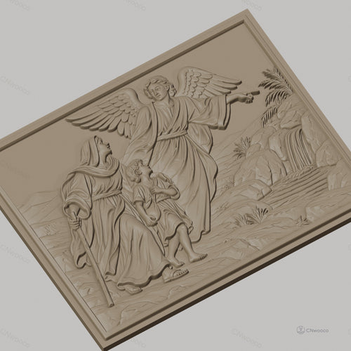 Fichier CNC & impression 3D ange gardien avec femme et enfant, paysage rocheux et cascade, haute qualité relief STL