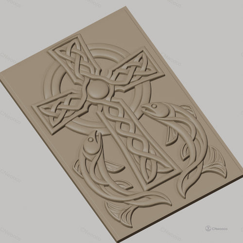 Fichier CNC & impression 3D Croix celtique avec poissons, motif entrelacé haute qualité relief STL