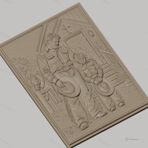 Fichier CNC & impression 3D père et fils cowboys priant devant église, cheval, croix, tenue western, haute qualité relief STL