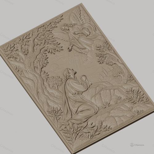 Fichier CNC & impression 3D Jésus priant avec ange, arbre et paysage, haute qualité relief STL