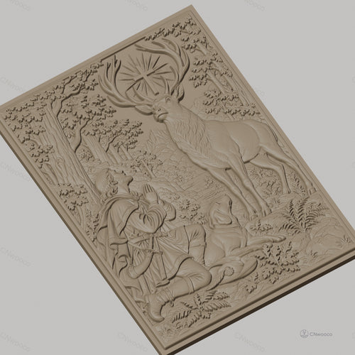 Fichier CNC & impression 3D Saint Hubert, cerf avec croix lumineuse et chasseur en prière, haute qualité relief STL