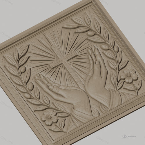 Fichier CNC & impression 3D chrétien, mains en prière, croix et feuillage floral, haute qualité relief STL