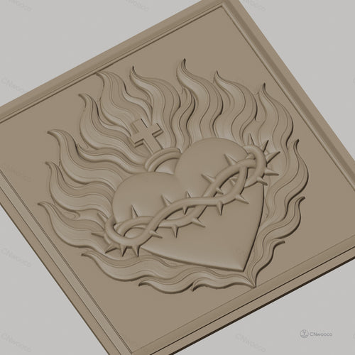 Fichier CNC & impression 3D Sacré Cœur, cœur enflammé avec couronne d'épines et croix, haute qualité relief STL