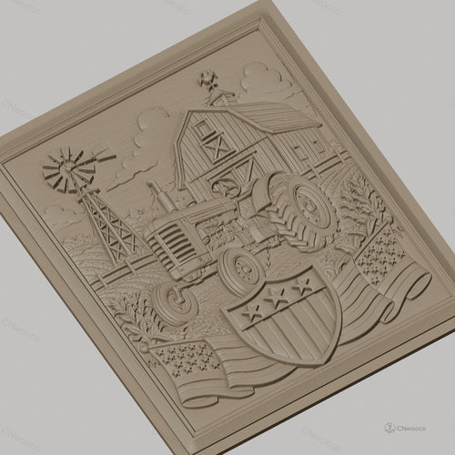 Fichier CNC & impression 3D ferme américaine, tracteur, grange, moulin à vent, drapeaux USA, haute qualité relief STL