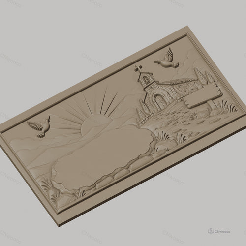 Fichier CNC & impression 3D paysage religieux avec chapelle, colombes, soleil levant, chemin de pierre, haute qualité relief STL