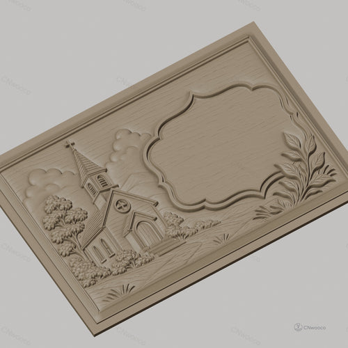 Fichier CNC & impression 3D église rurale, arbres et cadre décoratif, haute qualité relief STL