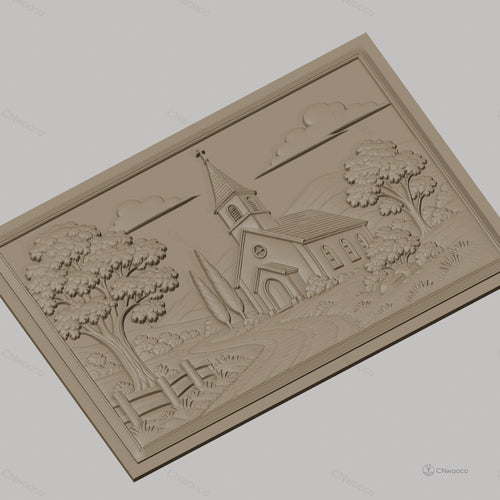 Fichier CNC & impression 3D paysage religieux avec église et arbres, haute qualité relief STL