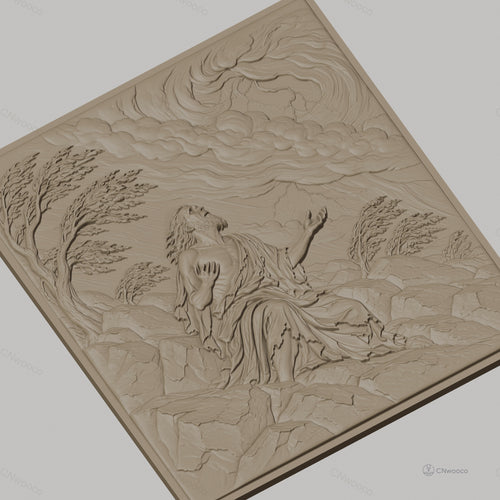 Fichier CNC & impression 3D scène biblique prière sur rochers avec nuages et arbres, haute qualité relief STL