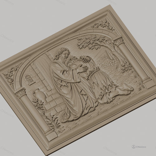Fichier CNC & impression 3D père miséricordieux, scène biblique d’étreinte et pardon, haute qualité relief STL