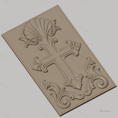 Fichier CNC & impression 3D Croix décorative, motif coquillage et volutes, haute qualité relief STL