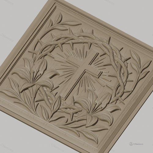 Fichier CNC & impression 3D croix chrétienne, couronne d’épines et lys, haute qualité relief STL