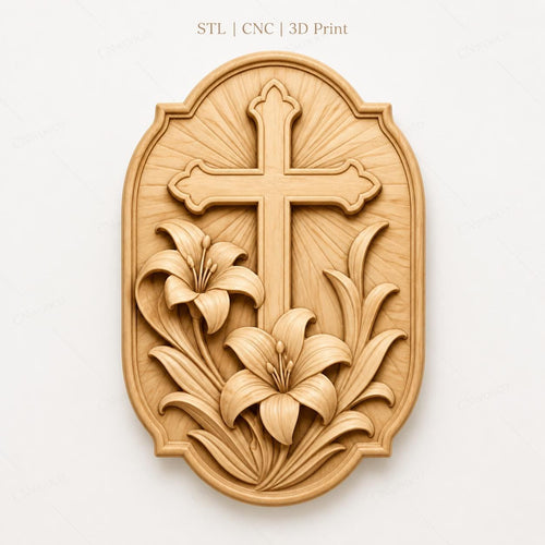CNC & impression 3D relief croix chrétienne avec fleurs de lys, fichier STL très haute qualité