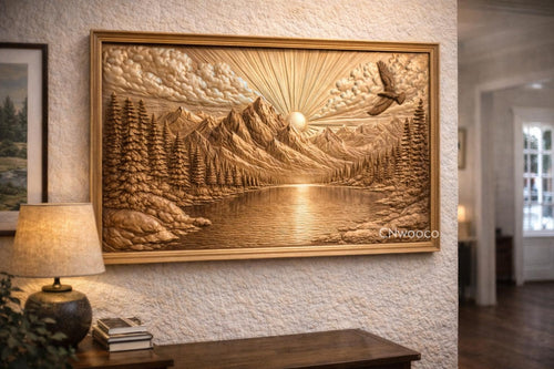 Fichier CNC paysage montagne lac, bas-relief nature bois, décoration murale naturelle, sculpture bois, modèle gravure 3D STL