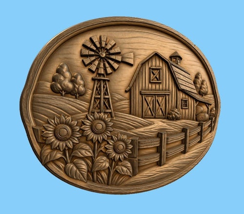 CNC & impression 3D relief grange de ferme avec moulin et tournesols, fichier STL très haute qualité