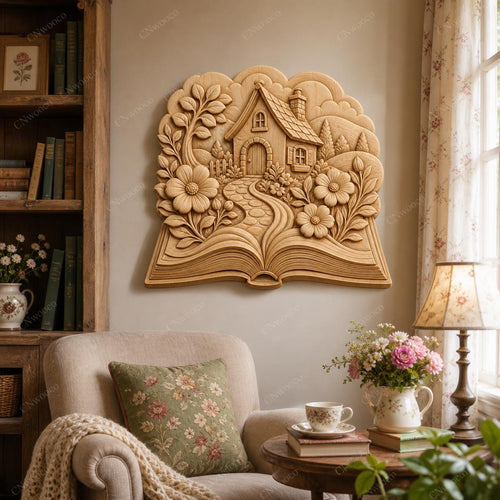 CNC & impression 3D relief maison de conte sur livre ouvert fleuri, fichier STL très haute qualité