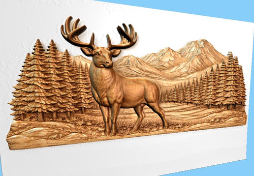 Fichier CNC cerf montagne panorama, bas-relief bois wildlife, décoration murale nature, sculpture bois, modèle gravure 3D STL