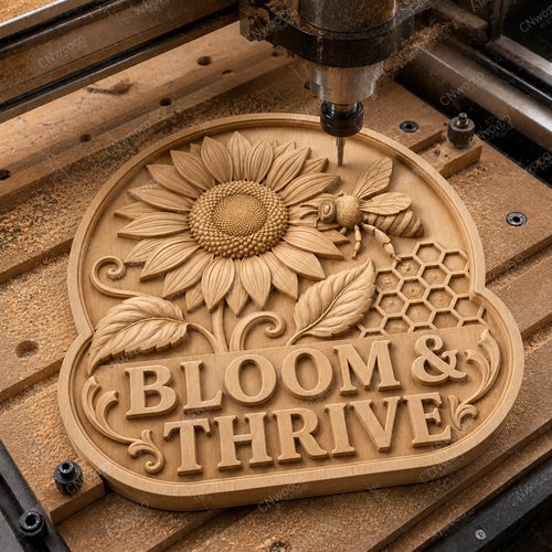 CNC & impression 3D relief Bloom et Thrive avec tournesol et abeille, fichier décoratif pour gravure bois, STL de haute qualité