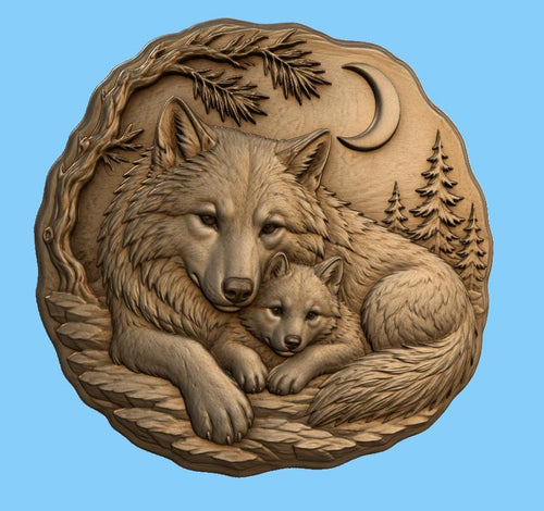 CNC & impression 3D relief loups parent et bébé, fichier wildlife forest pour gravure bois, STL de haute qualité