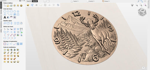 Fichier CNC horloge cerf montagne – bas-relief paysage forêt pour sculpture bois, décoration murale rustique STL