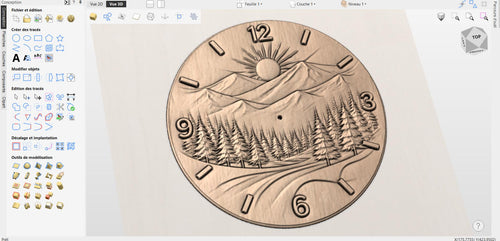 Fichier CNC horloge montagne nature – bas-relief paysage pins pour sculpture bois, décoration murale STL
