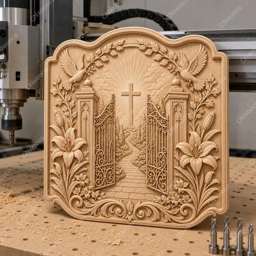 CNC & impression 3D relief portes du paradis avec croix et colombes, fichier STL très haute qualité