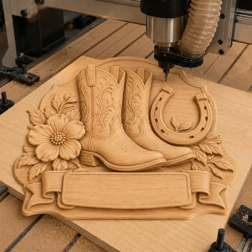 CNC & impression 3D relief bottes western et fer à cheval, fichier cowboy pour gravure bois, STL de haute qualité, à personnaliser