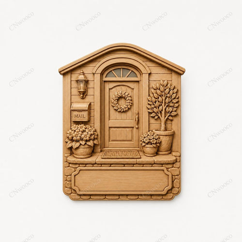 CNC & impression 3D relief entrée de maison avec porte et fleurs, plaque décorative pour gravure bois, STL de haute qualité, à personnaliser