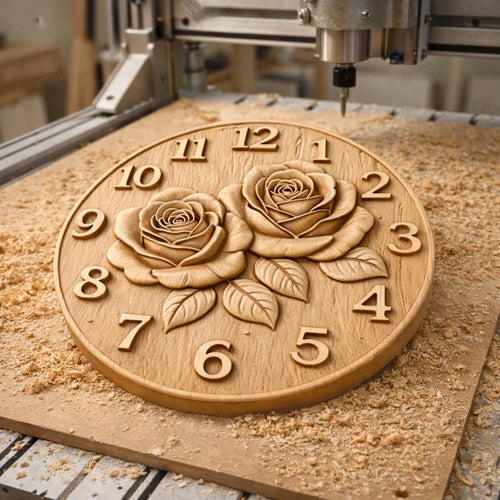 Fichier CNC horloge rose – bas-relief floral pour sculpture bois, décoration murale STL